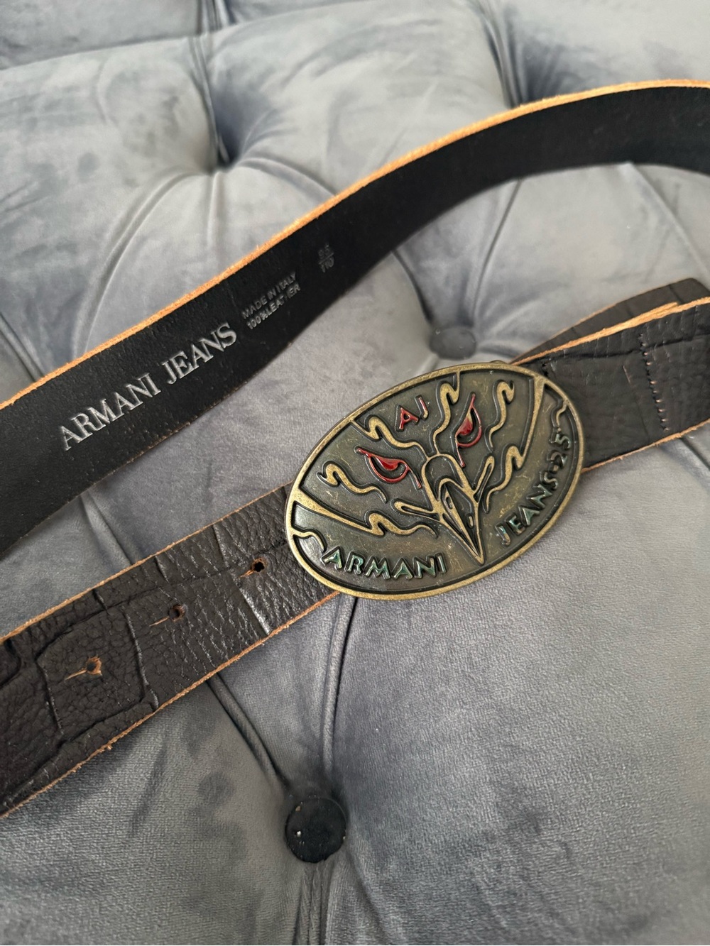 Armani Jeans Black Leather Belt with Brass Eagle Buckle and Red Accents